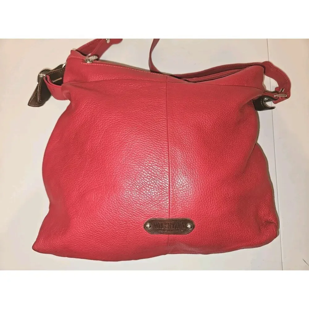 Valentina Made In Italy Red Pebbled Leather Hobo Handbag 15x15